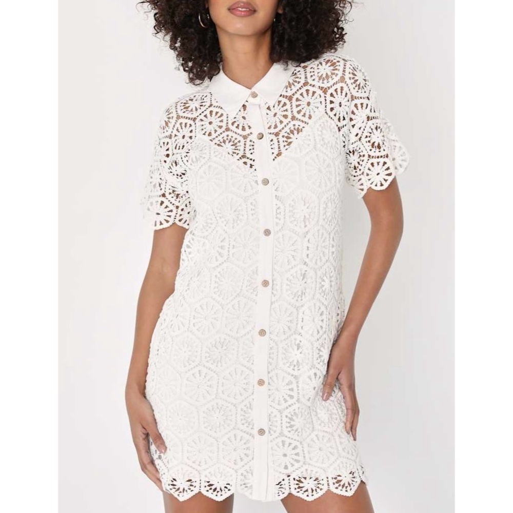 Lulus Day Off Darling White Crochet Shirt Dress Sz XL NWT